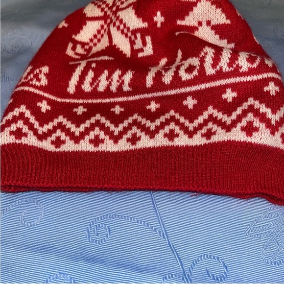 Tim Hortons Cap Kids Size Hat Sherpa Lined Red & White Knit Winter Toque Pompom - Picture 7 of 13